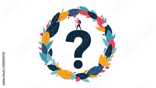 Tiny hiker standing on top of a large question mark within a floral wreath searching for answers and direction.