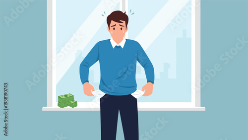 Worried man standing in front of a window showing his empty pockets with a stack of money nearby out of reach.