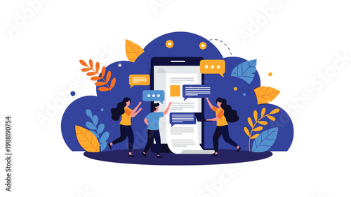 Small people interacting with a giant smartphone screen featuring messages and content representing mobile apps.