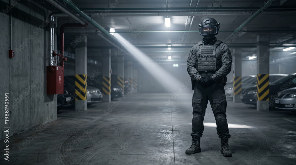 Obraz premium Man in tactical gear standing in a dimly lit parking garage, security guard on duty