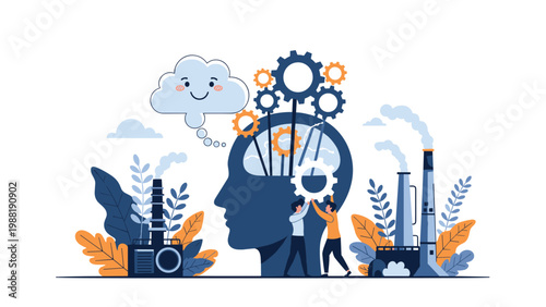 Large silhouette of a human head with inner gears being worked on by people near industrial chimneys.