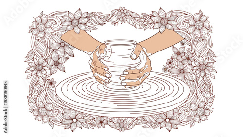 Hands carefully molding a ceramic pot on a spinning wheel surrounded by an elegant floral border.