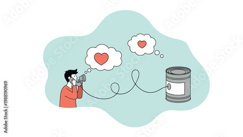 Creative communication concept with a person using a megaphone connected to a tin can for sending love.