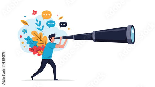 Man peering through a giant telescope searching for something amidst colorful autumn leaves and speech bubbles.