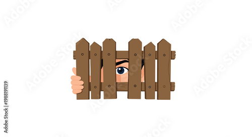 Intriguing visual of a person peeking through a narrow gap in a brown wooden picket fence with one bright blue eye clearly visible in the center.