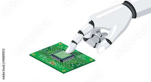 Futuristic white robotic hand meticulously touching a green electronic circuit board with a central microchip against a clean white and minimalist background.