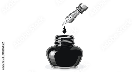 A classic silver fountain pen nib hovers elegantly over a dark glass inkwell with a single black ink drop falling in a clean white space environment.