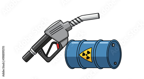Meticulously detailed grey fuel dispenser nozzle leans against a sturdy blue steel barrel featuring a prominent yellow and black radioactive warnings.