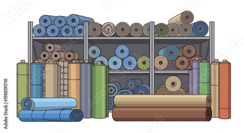 Tall sturdy metal industrial shelves are densely packed with vibrant rolls of fabric in a wide spectrum of colors including blue green tan brown here.