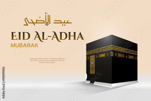 Premium Eid Al-Adha background featuring a highly detailed 3D Kaaba illustration with golden calligraphy on a clean beige gradient background.
