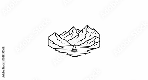 Stylized mountain peaks rise above a calm lake with a solitary sailboat