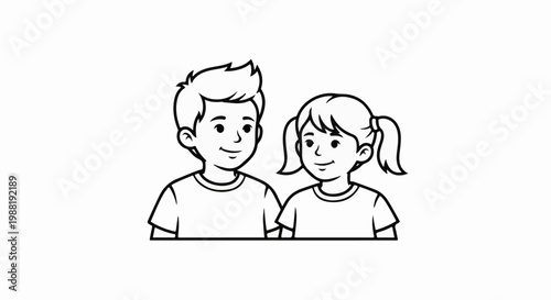 A cheerful boy and girl, drawn in a simple, outline style, stand side by side