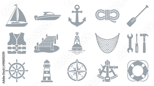 A collection of icons, including a sailboat, speedboat, anchor, rope, oar, life vest, dock, buoy, fishing net, tools, ship's wheel, lighthouse, compass, sextant, and life preserver.