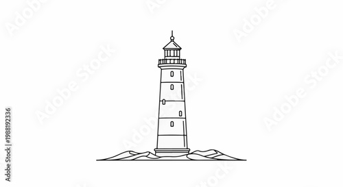 A simple line drawing of a tall, conical lighthouse on a rocky outcrop