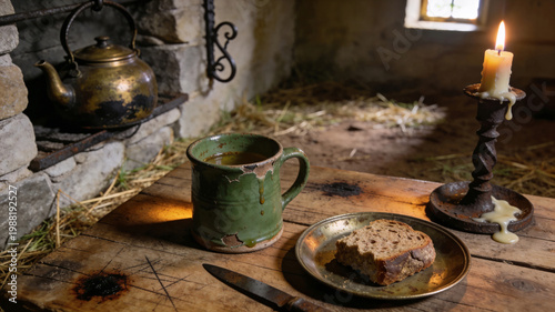 Simple medieval breakfast on a rough wooden table in a dark tavern. A piece of rye bread, ceramic mug, and a burning candle with a stone hearth in the background