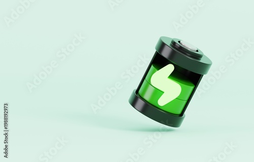 3D Battery energy level icon with green lightning bolt symbol isolated on green background