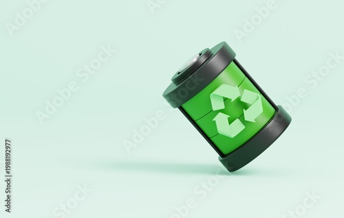 3D Eco battery with recycling symbol icon for waste management concept  on green background