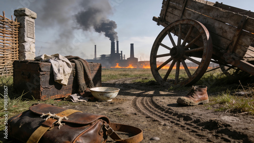 Abandoned personal belongings including a leather bag, chest, and a wooden cart in a field. In the background, a factory with smoking chimneys and fire represents the onset of the industrial revolutio