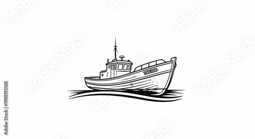Sketch of a fishing boat sailing on wavy waters