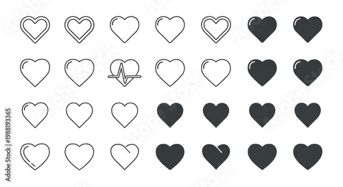 Minimalist heart icon set, collection of 25 black and white heart symbols, flat line and solid heart shapes for healthcare and romance UI design