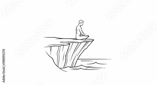 Figure meditates on cliff edge overlooking calm water
