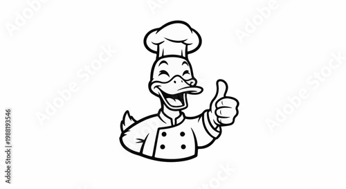 Cheerful cartoon duck chef with a chef's hat and uniform gives a thumbs up