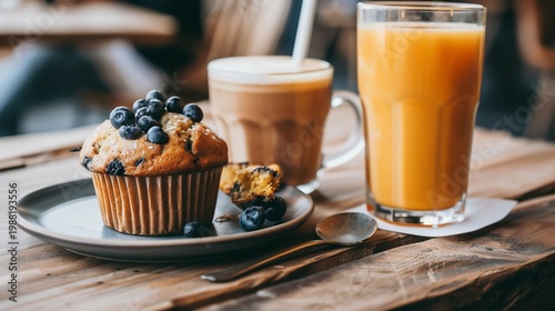 Muffin topped with berries on plate, coffee, orange juice on wooden table