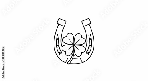 Black and white drawing of a lucky horseshoe with a four-leaf clover