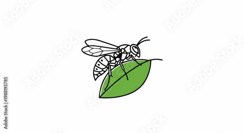 A simple line drawing of a wasp resting on a green leaf