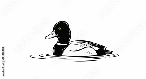 A black and white illustration of a duck swimming on water