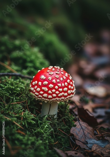 Close up view of a vibrant red capped toadstool with white spots emerging from dark green moss and decaying brown leaf litter in a damp woodland setting, colorful, earthy, inedible