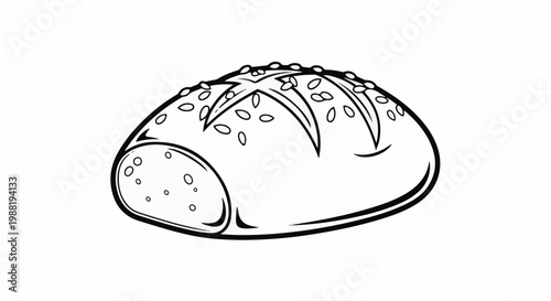 A black and white line drawing of a crusty loaf of bread with scoring and seeds