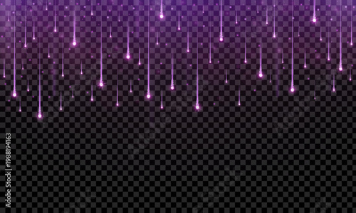 Realistic purple starfall isolated on transparent background. Stars, glitter, sparkles fireworks falling down. Festive celebration element. Vector illustration