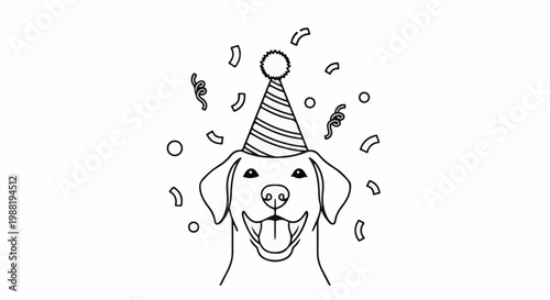 A happy dog wearing a party hat with confetti falling