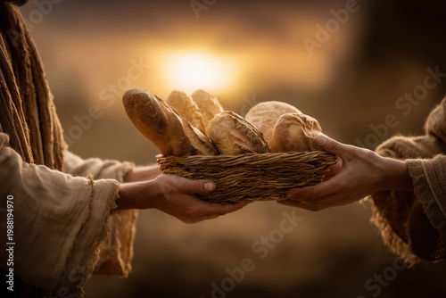 Ancient Biblical Hands Giving Basket with Bread, Miracle of Jesus Christ Concept