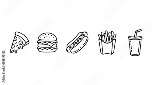 Fast food icons set featuring pizza slice, hamburger, hot dog, french fries, and a refreshing soda cup in a minimalist line art style.