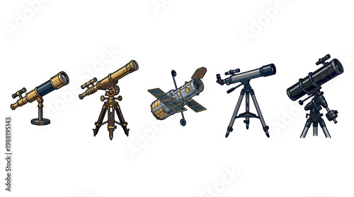Various telescopes and a space satellite representing different eras of astronomical observation, scientific discovery, and exploration.