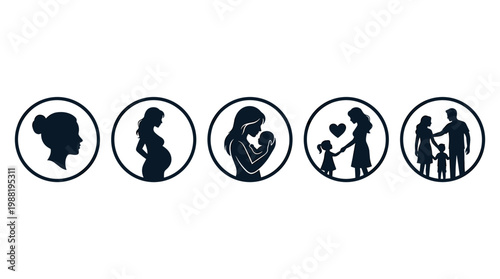 Woman's life stages from pregnancy to family journey represented in a series of elegant silhouette icons illustrating growth and love.