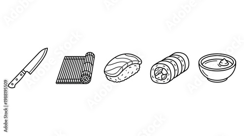 Sushi making tools and delicious Japanese cuisine elements are neatly arranged in a clean, illustrative style for culinary projects.
