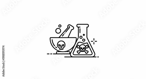 Mortar and pestle with skull, flask with skull and crossbones, poison