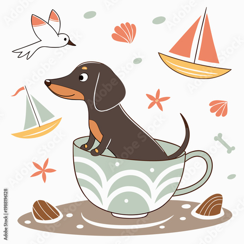 Creative SVG: Funny Dachshund with in a teacup in a Ocean Breeze colored Beach day theme