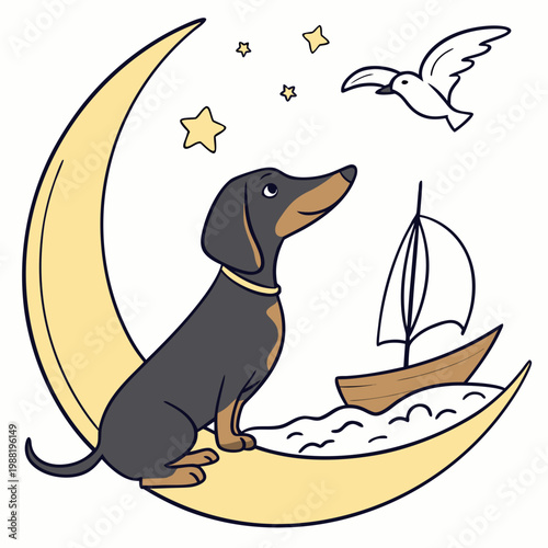 Cute Bashful Dachshund, accessorized with sitting on a moon, in a Beach day world – Ocean Breeze palette vector