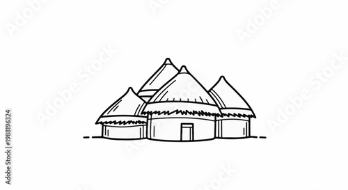 Simple line drawing of thatched-roof huts clustered together