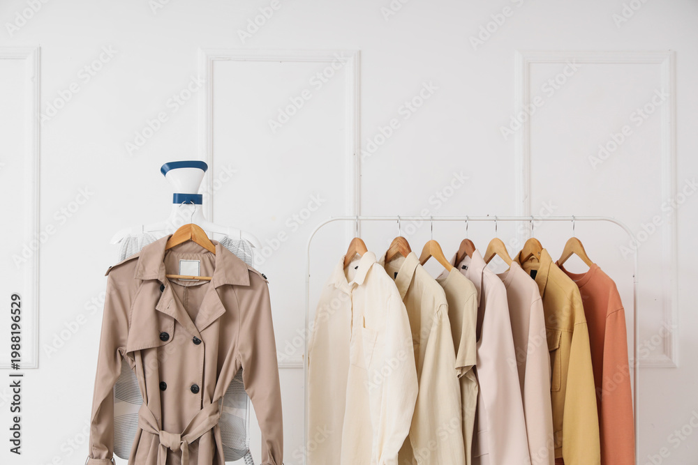 Ταπετσαρία Modern steamer with coat and rack of stylish clothes on white background