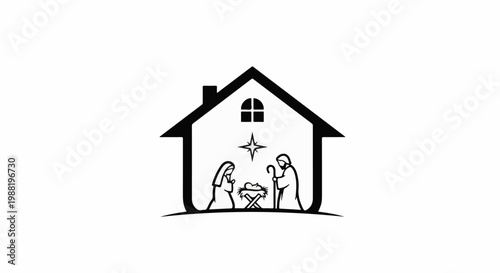 Simple black and white depiction of a nativity scene within a house outline