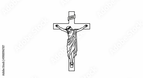 Black and white outline drawing of Jesus Christ on the cross