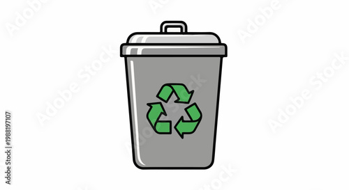 Gray trash can with a green recycling symbol on a white background