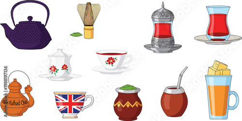 Global Tea Culture Collection with Japanese Cast Iron Teapot Turkish Tea Glasses and British Tea Cup