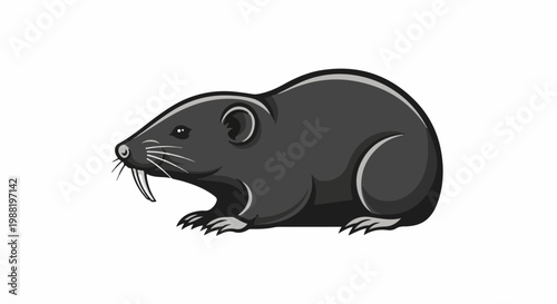 Cartoonish grey rodent with large teeth and whiskers on white