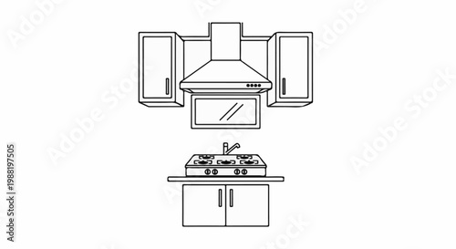 Line art illustration of a modern kitchen setup with stove, hood, and cabinets
